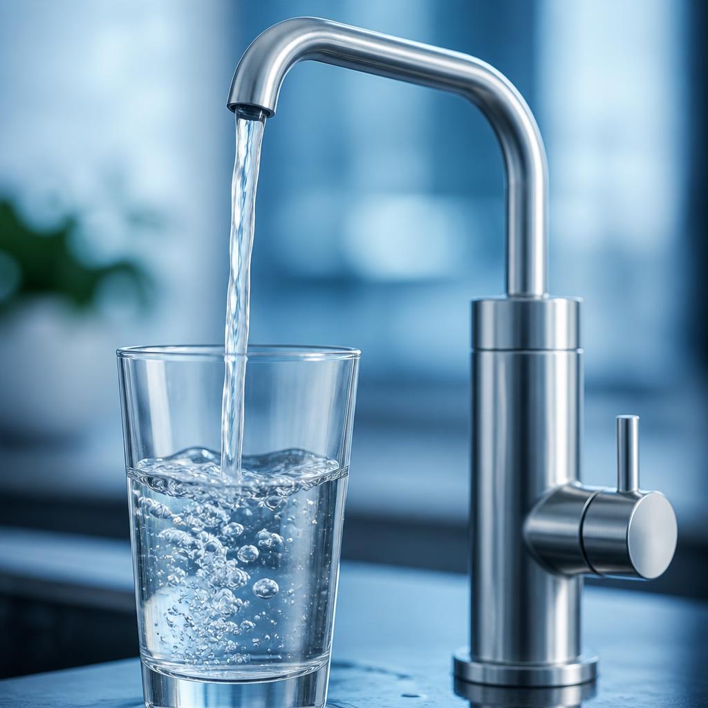 Crystal clear water being poured into a glass from a modern filtration tap