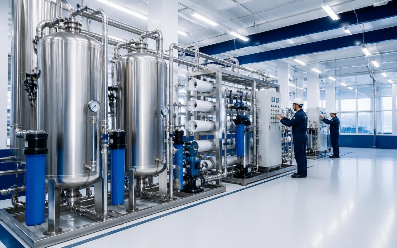 Technicians monitoring a modern industrial water filtration system